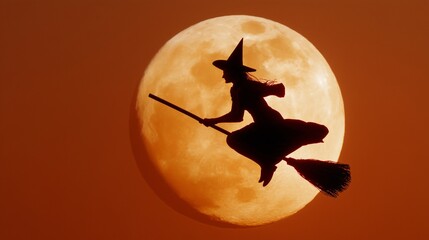 A silhouette of a witch flying on a broomstick against a huge orange moon
