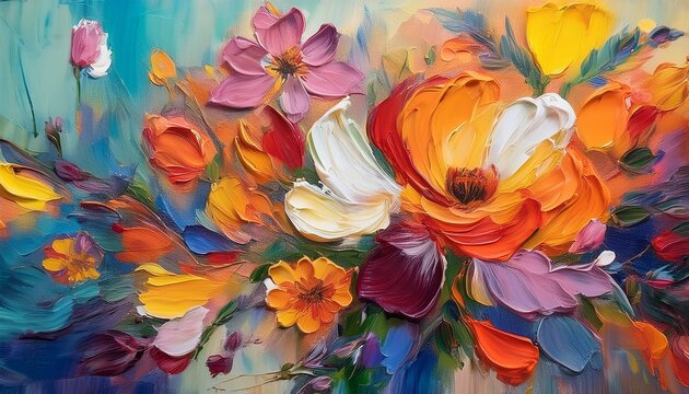 vibrant abstract floral painting impasto texture oil artwork with bold colors and dynamic brushstrokes