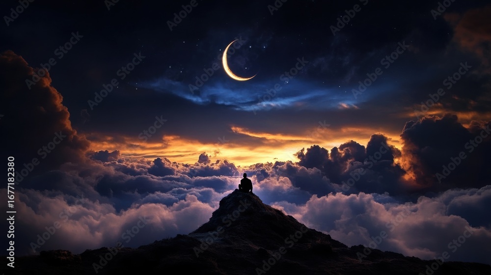 Wall mural realistic photograph a man sitting on a cloud in the night sky with clouds and crescent moon lightin