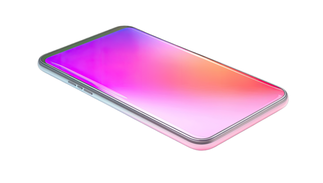 A modern smartphone angled diagonally, displaying a vibrant gradient color scheme on its screen