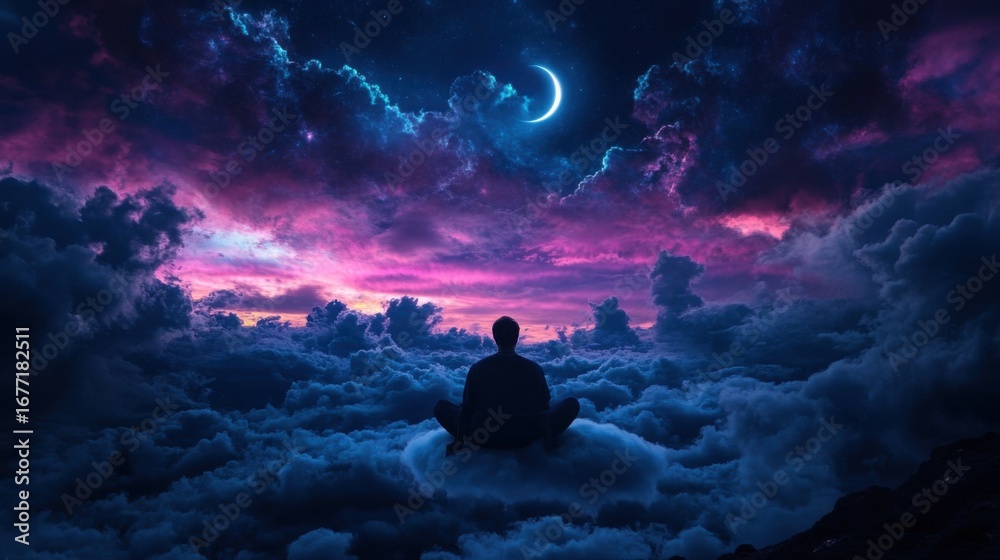 Wall mural realistic photograph a man sitting on a cloud in the night sky with clouds and crescent moon lightin