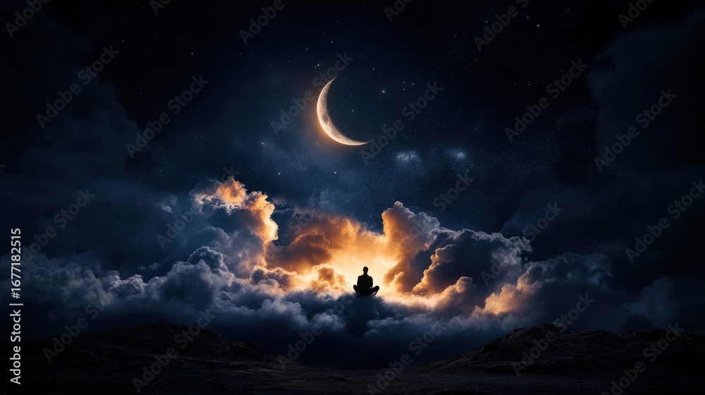 Wall mural realistic photograph a man sitting on a cloud in the night sky with clouds and crescent moon lightin