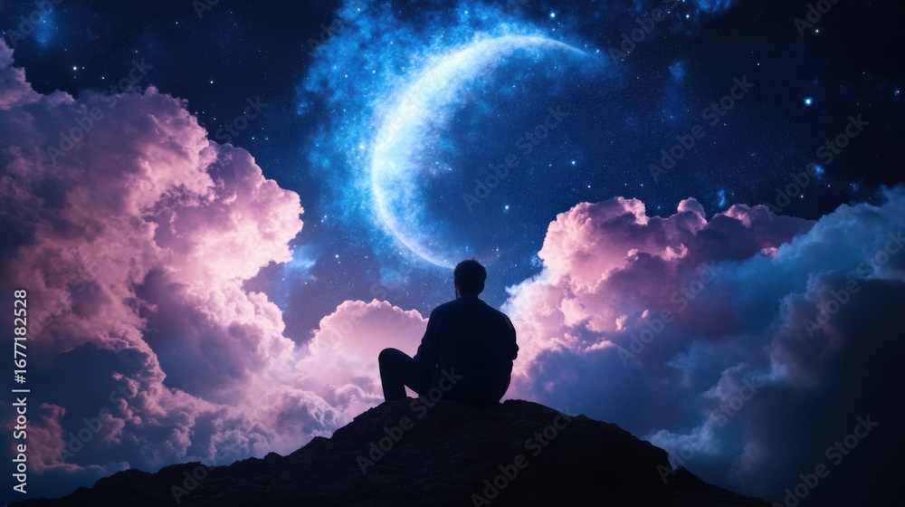 Wall mural realistic photograph a man sitting on a cloud in the night sky with clouds and crescent moon lightin
