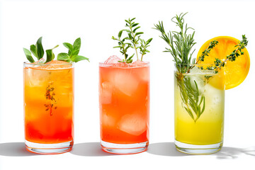 Fototapeta premium A vibrant display of three refreshing cocktails garnished with fresh herbs, perfect for summer gatherings.