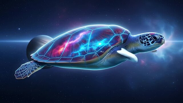 Glowing abstract turtle swimming in dark water with neon lights and futuristic design.