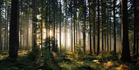 Misty forest floor bathed in golden sunlight