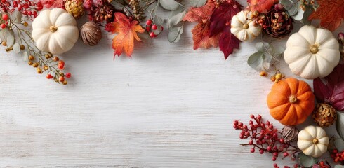 Autumnal Thanksgiving border design with white pumpkins, orange pumpkins, autumn leaves, and berries arranged on a light wood surface