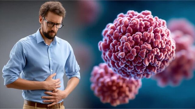 Medical Ailment Depiction: A person clasps their stomach in discomfort, accompanied by a detailed representation of a virus, symbolizing illness and medical issues.