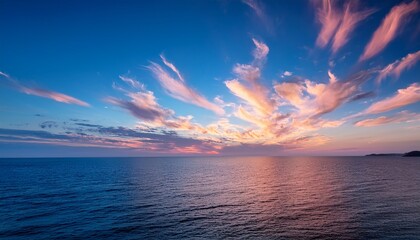 cirrus clouds are tinged pink by the sun at sunset over a calm blue sea