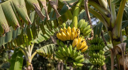 Bunch of ripe yellow and green bananas growing on a tree in a tropical plantation