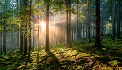 Obraz premium sunlight filters through trees in a serene forest setting