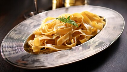 wide pappardelle pasta fresh homemade on elegant silver platter foodie dinner