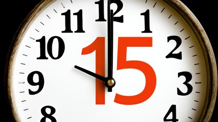 A close-up of a clock face showing the time as 12:15, with the number 15 prominently displayed in red.