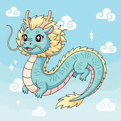 Fototapeta premium Cute cartoon dragon flying through the sky among fluffy clouds, creating a whimsical and magical atmosphere for children's entertainment.