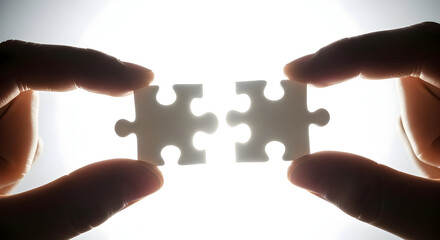  Hands holding two interlocking puzzle pieces symbolizing teamwork, partnership and problem solving with backlight