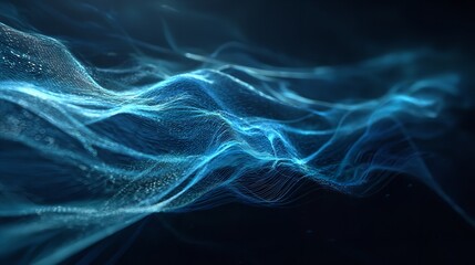 Woven sapphire threads dance in digital seas forming abstract mountains of code against a dark