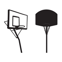 Hand-drawn black icons of basketball hoops in different angles and styles, perfect for sports illustrations and basketball-themed designs.