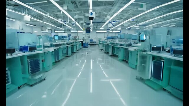 Modern scientific industrial laboratory filled with workstations and equipment