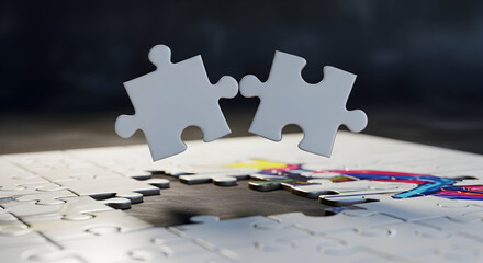  Hands holding two interlocking puzzle pieces symbolizing teamwork, partnership and problem solving with backlight