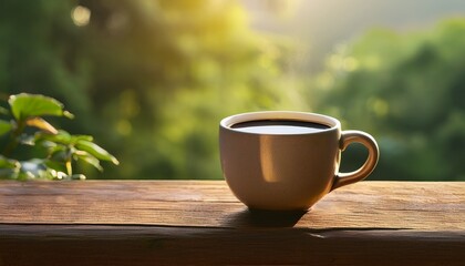 a ceramic cup of black coffee resting on a rustic wooden ledge with a blurred green natural background evoking a calm and peaceful morning atmosphere