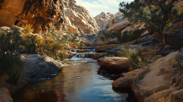 A serene landscape featuring a flowing river surrounded by rocky formations and lush vegetation under a bright sky.