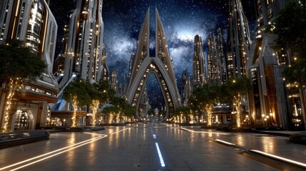 Naklejka premium Exploring the Vision of a Futuristic City Street with Clean Energy Powered Spaceports and Advanced Technology