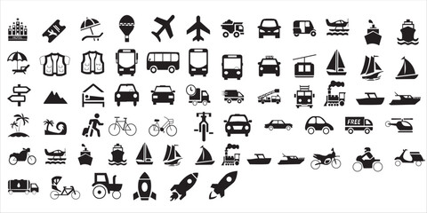  transportation symbols, black and white icons, flat design icons, vector icons, 