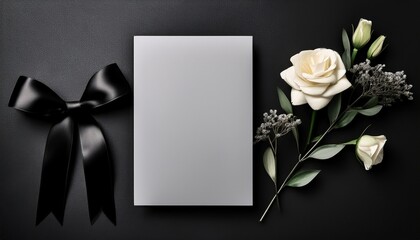 elegant minimalist funeral card template with black corners and ribbon for remembrance