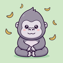Fototapeta premium Cute gorilla sitting peacefully surrounded by floating bananas against a light green backdrop, radiating a playful and whimsical atmosphere.
