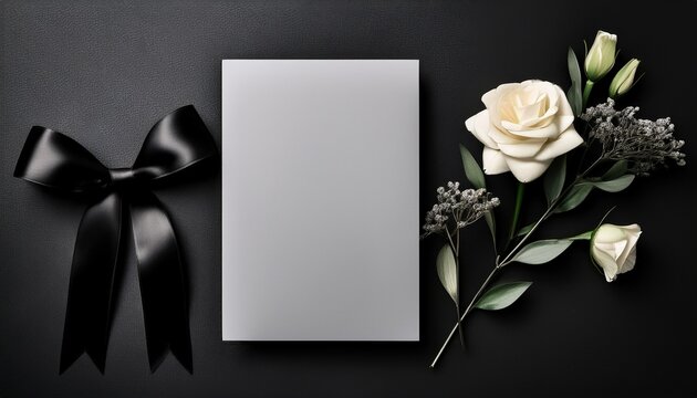 elegant minimalist funeral card template with black corners and ribbon for remembrance