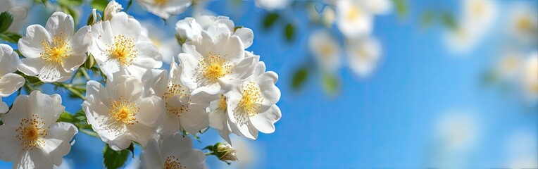 Close-up of white flowers against a bright blue sky