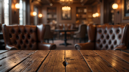 A rustic wooden tabletop with two luxurious leather chairs and a blurred cigar lounge interior in warm lighting.