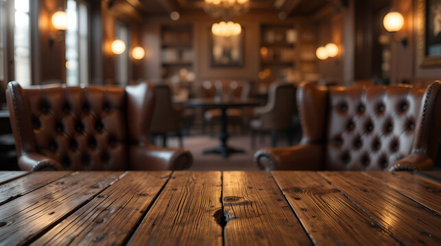 A rustic wooden tabletop with two luxurious leather chairs and a blurred cigar lounge interior in warm lighting.