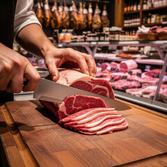 A detailed and authentic shot of a butcher's hands slicing a raw beef roast in a gourmet butcher shop