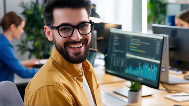 Smiling Software Developer Working on Data Analytics in Modern Creative Office Environment