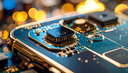 Advanced mobile technology concept showcasing a detailed macro view of a smartphone camera module and integrated circuit board