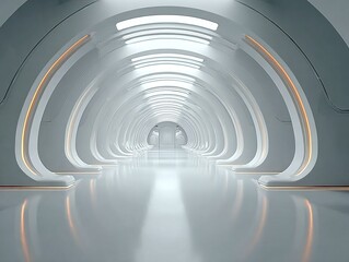 Obraz premium Futuristic Empty Room with Arches and Glowing Lights Minimalist Architecture Long Corridor 