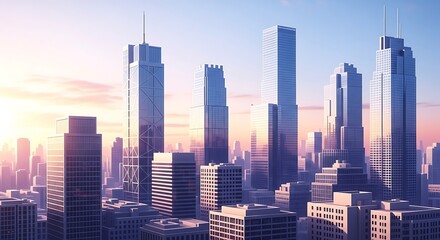 Obraz premium Modern skyscrapers in a city skyline at sunset with a warm glow and clear sky