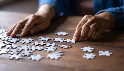 Close-up view of aged hands carefully placing a jigsaw puzzle piece on a wooden table, showcasing the focus and dedication of the individual.