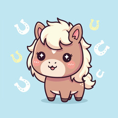 Fototapeta premium Cute pony standing on blue backdrop surrounded by horseshoes, looking adorable and friendly with sparkling eyes, creating a whimsical and cheerful mood.