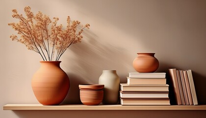 minimalist interior shelf design with stacked books terracotta vase and dried flowers showcasing clean aesthetic and warm cozy home decor style