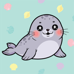 Obraz premium Cute seal smiling happily among colorful seashells on a light blue backdrop, radiating a playful and cheerful vibe.