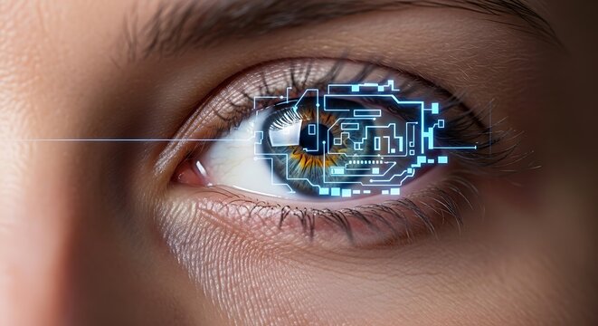 Close-up of eye with futuristic circuit overlay
