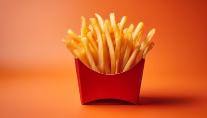 overflowing french fries in red carton on orange background vibrant and appetizing for fast food branding