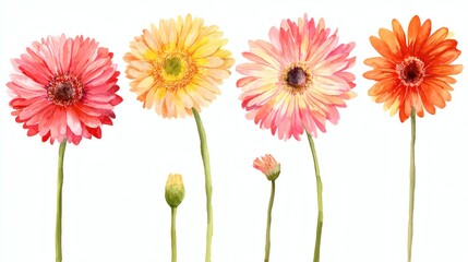 A collection of colorful watercolor flowers with varying shades of pink, yellow, and orange, featuring tall stems and a budding flower