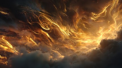 Celestial dance of golden energy weaving through ethereal clouds evoking dreams with warm moody