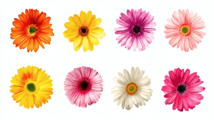 A collection of vibrant gerbera daisies in various colors including orange, yellow, pink, and white, arranged in a grid pattern