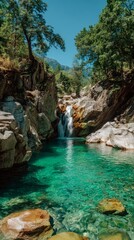 Serene Canyon River Scene Featuring Transparent Water Rocky Landscape and Natural Vegetation
