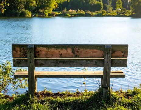 Empty park bench by tranquil lake