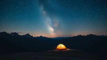 Fototapeta premium Starry mountain nightscape with a glowing tent under the Milky Way.